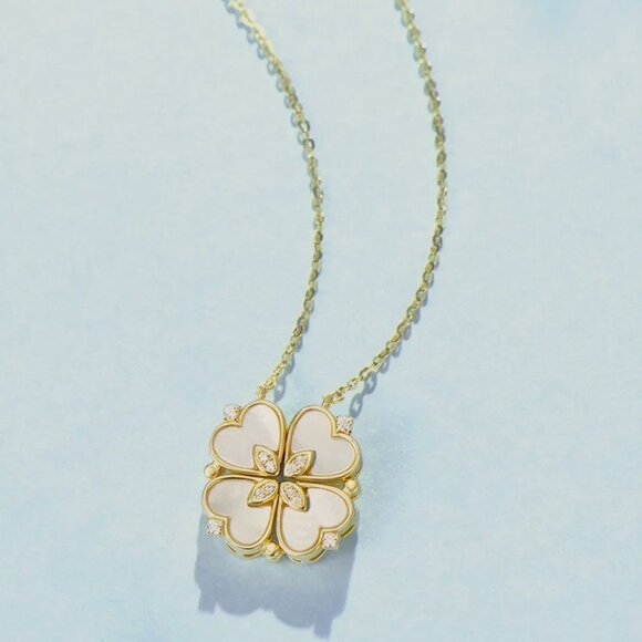 WHITE ENAMEL GOLD RIM COPPER PLATE HEARTS FOUR LEAF CLOVER NECKLACE - Picture 2 of 2